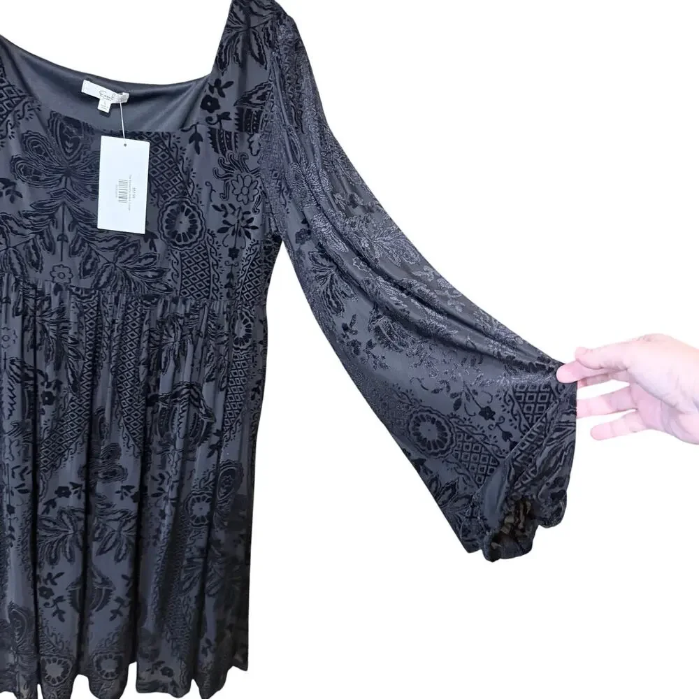Easel Black Velvet Burnout Boho Babydoll Dress Long Sleeve NWT Large gothic dark - Picture 6 of 9